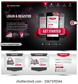 website template design containing web elements: header menu with flat icon set, footer tab form, layouts, banners, plugin apps, login, register symbols, 3d ribbons, buttons, eps10 vector illustration