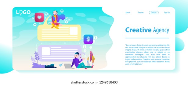 Website template design. ?oncept of creative agency, design studio, website development. Vector illustration in modern flat style.