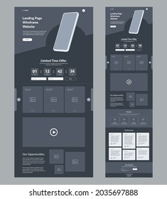 Website template design. Dark landing page site wireframe. One page site layout interface for your company.