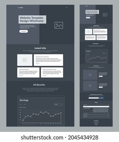 Website template design Dark landing page ux ui website design. Flat modern responsive design illustrations.