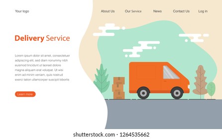 Website template design for delivery service company. Van and cardboard boxes with fragile signs. Vector illustration.