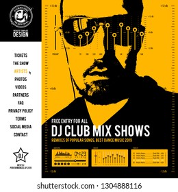 website template design for dj performances, dance club mix shows, night club parties, containing: menu, web banners, audio player interface, buttons, equalizer, tracklist, eps10 vector illustration