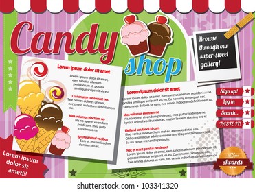 Website template design elements, vintage style, candy shop