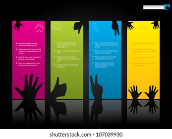 Website template design with hand symbols on color labels
