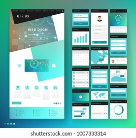 Website template design with interface elements. Technology HUD global connections backgrounds. Vector illustration.