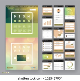 Website template design with interface elements. Bokeh defocused backgrounds. Vector illustration.