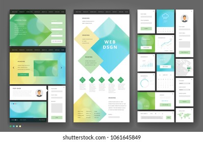 Website template design with interface elements. Bokeh defocused backgrounds. Vector illustration.