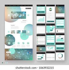 Website template design with interface elements. Technology HUD global connections backgrounds. Vector illustration.