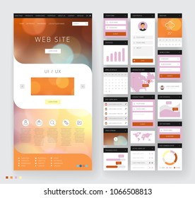 Website template design with interface elements. Bokeh defocused backgrounds. Vector illustration.