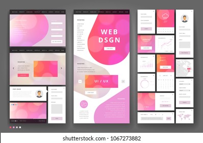 Website template design with interface elements. Bokeh defocused backgrounds. Vector illustration.
