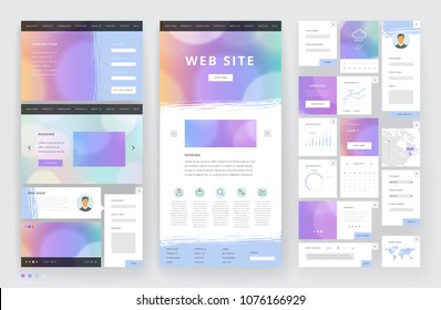 Website template design with interface elements. Bokeh defocused backgrounds. Vector illustration.