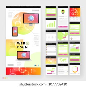 Website template design with interface elements. Earth and bokeh defocused backgrounds. Vector illustration.