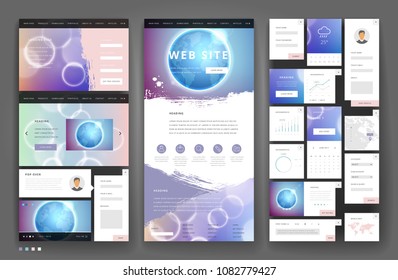 Website template design with interface elements. Earth and bokeh defocused backgrounds. Vector illustration.