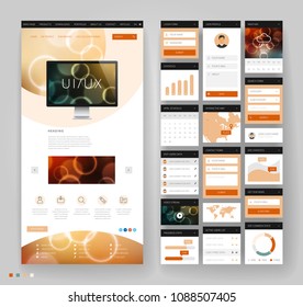 Website template design with interface elements. Bokeh defocused backgrounds. Vector illustration.