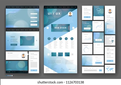 Website template design with interface elements. Bokeh defocused backgrounds. Vector illustration.