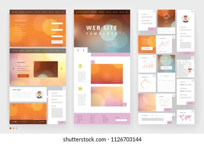 Website template design with interface elements. Bokeh defocused backgrounds. Vector illustration.