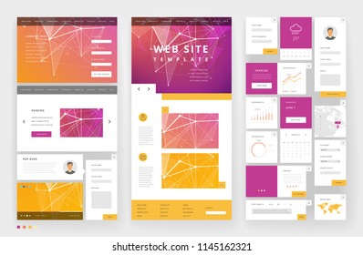 Website template design with interface elements. Low poly abstract backgrounds. Vector illustration.