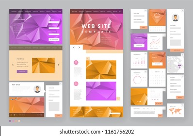 Website template design with interface elements. Low poly abstract backgrounds. Vector illustration.