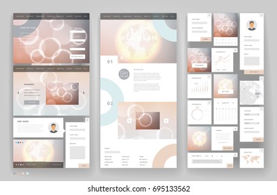 Website template design with interface elements. Earth and bokeh defocused backgrounds. Vector illustration.