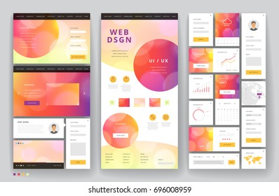 Website template design with interface elements. Bokeh defocused backgrounds. Vector illustration.