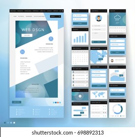 Website template design with interface elements. Bokeh defocused backgrounds. Vector illustration.