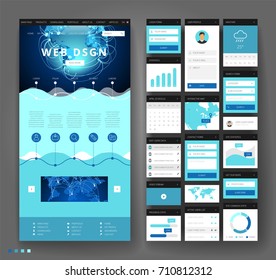Website template design with interface elements. Global business technology connections. Vector illustration.