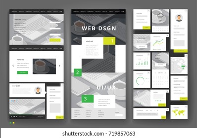 Website template design with interface elements. Office stationery backgrounds. Vector illustration.