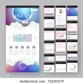 Website template design with interface elements. Earth and bokeh defocused backgrounds. Vector illustration.