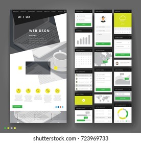 Website template design with interface elements. Office stationery backgrounds. Vector illustration.