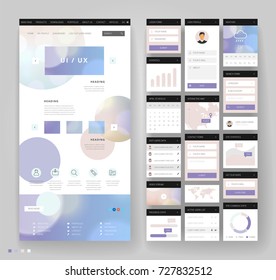 Website template design with interface elements. Bokeh defocused backgrounds. Vector illustration.