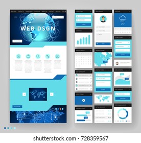 Website template design with interface elements. Global business technology connections. Vector illustration.