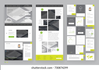 Website template design with interface elements. Office stationery backgrounds. Vector illustration.