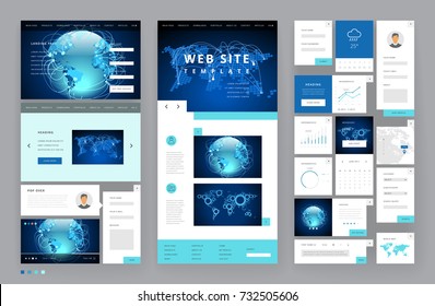 Website template design with interface elements. Global business technology connections. Vector illustration.