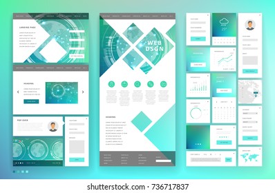 Website template design with interface elements. Technology HUD global connections backgrounds. Vector illustration.