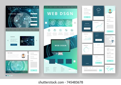 Website template design with interface elements. Technology HUD global connections backgrounds. Vector illustration.