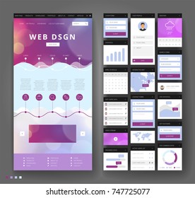 Website template design with interface elements. Bokeh defocused backgrounds. Vector illustration.