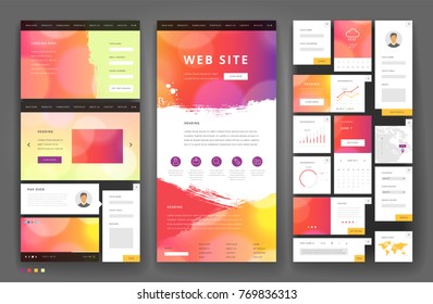 Website template design with interface elements. Bokeh defocused backgrounds. Vector illustration.