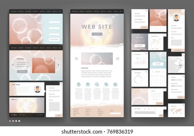 Website template design with interface elements. Earth and bokeh defocused backgrounds. Vector illustration.