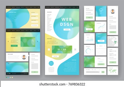 Website template design with interface elements. Bokeh defocused backgrounds. Vector illustration.