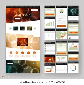 Website template design with interface elements. Bokeh defocused backgrounds. Vector illustration.