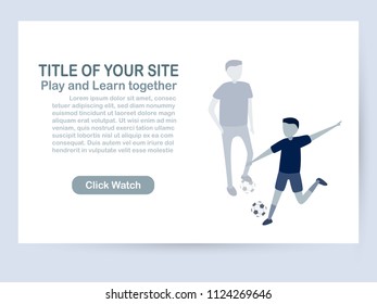 Website template design isolated on white background with copy space in blue tone. Vector illustration for UX/UI with character of soccer players. 