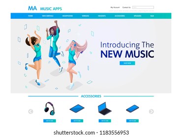 Website template design. Isometric concept musical landing page for the sale of musical accessories and applications, young girls listen to music. Easy to edit and customize.