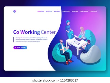 Website template design. Isometric concept Open workspace and coworking. Landing page concept.3D isometric vector illustration. Easy to edit and customize.