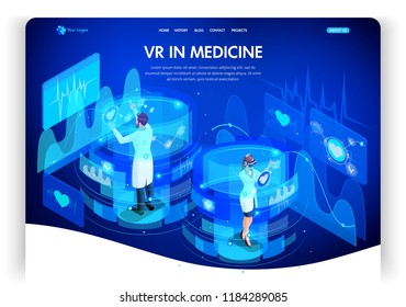 Website template design. Isometric concept augmented reality for medicine, doctors work on virtual screens. Web design landing page. Easy to edit and customize.