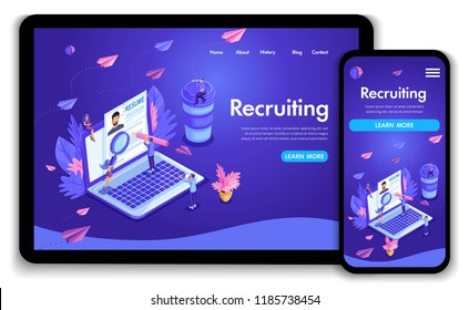 Website template design. Isometric concept Recruiting. Job agency human resources creative find experience. Easy to edit and customize landing page, ui ux