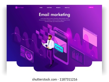 Website Template Design. Isometric Concept Email Inbox Electronic Communication. E-mail Marketing, Marketing Research. Easy To Edit And Customize Landing Page Ui Ux.