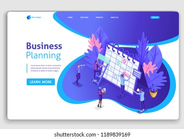 Website template design. Isometric concept businessmen work, Scheduling for a web site. Easy to edit and customize