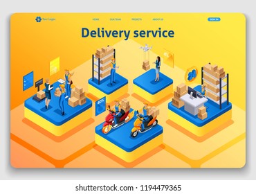 Website template design. Isometric concept working with Delivery service. Express delivery, online order, call center. Easy to edit and customize landing page uiux.
