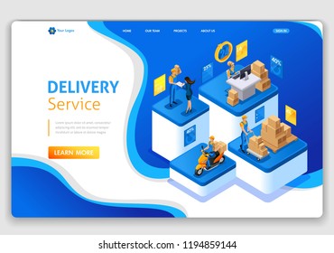 Website template design. Isometric concept Delivery serves. Express delivery, online order, call center. Easy to edit and customize landing page