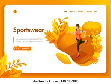 Website template design. Isometric concept autumn girl doing sports in the park. Sportswear and equipment store. Easy to edit and customize